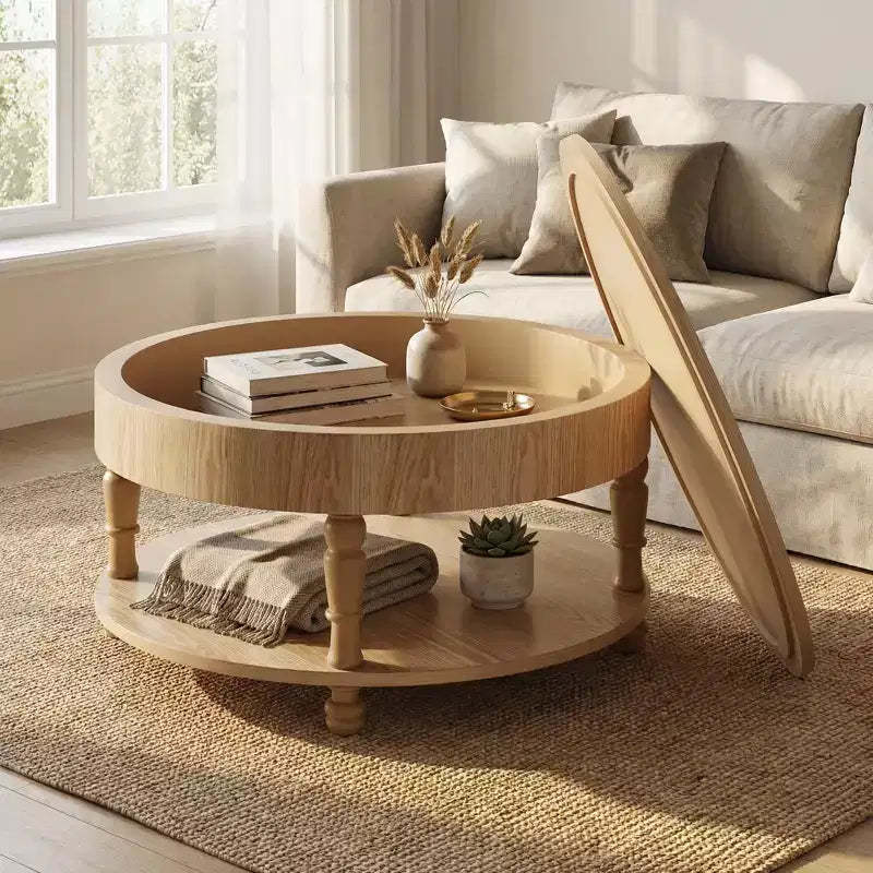 JVNOXK Coffee Table with Dual Storage for Living Room, with Storage and Hidden Compartment, Adjustable Leveling Feet, Natrual Wood