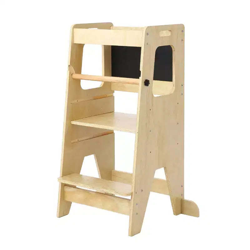 Adjustable Wooden Kids Kitchen Step Stool with Safety Guardrail - 3-Height Non-Slip Standing Tower for Toddlers, 150 lbs Weight Capacity