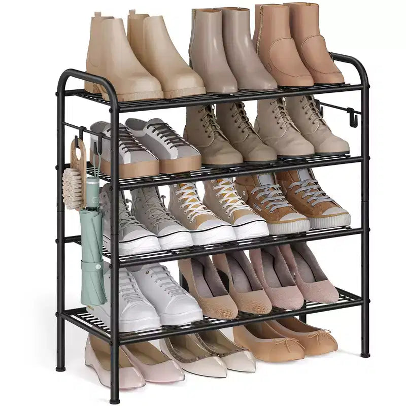 SONGMICS Shoe Rack, 4-Tier Metal Shoe Shelf Storage with 4 Side Hooks, Holds 16 Pairs of Shoes, Height-Adjustable Shoe Rack, Easy Assembly, Ink