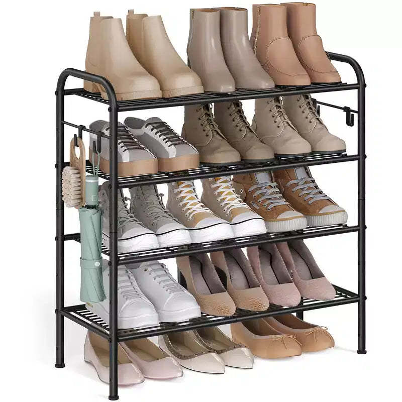SONGMICS Shoe Rack, 4-Tier Metal Shoe Shelf Storage with 4 Side Hooks, Holds 16 Pairs of Shoes, Height-Adjustable Shoe Rack, Easy Assembly, Ink