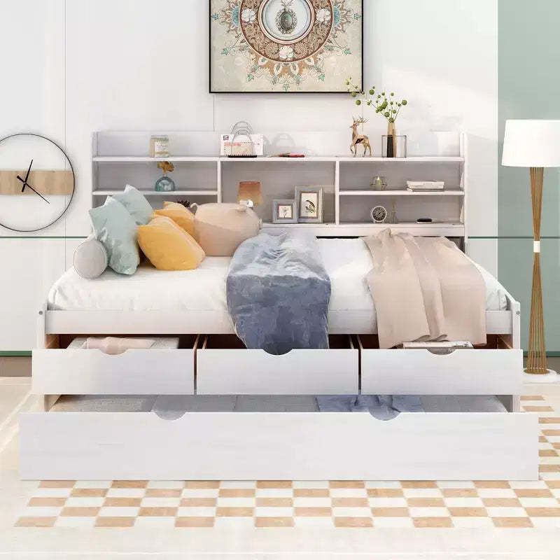 FAMYYT Full Size Wooden Captain Bed?With Built-in Bookshelves, Three Storage Drawers and Trundle, Easy Assembly