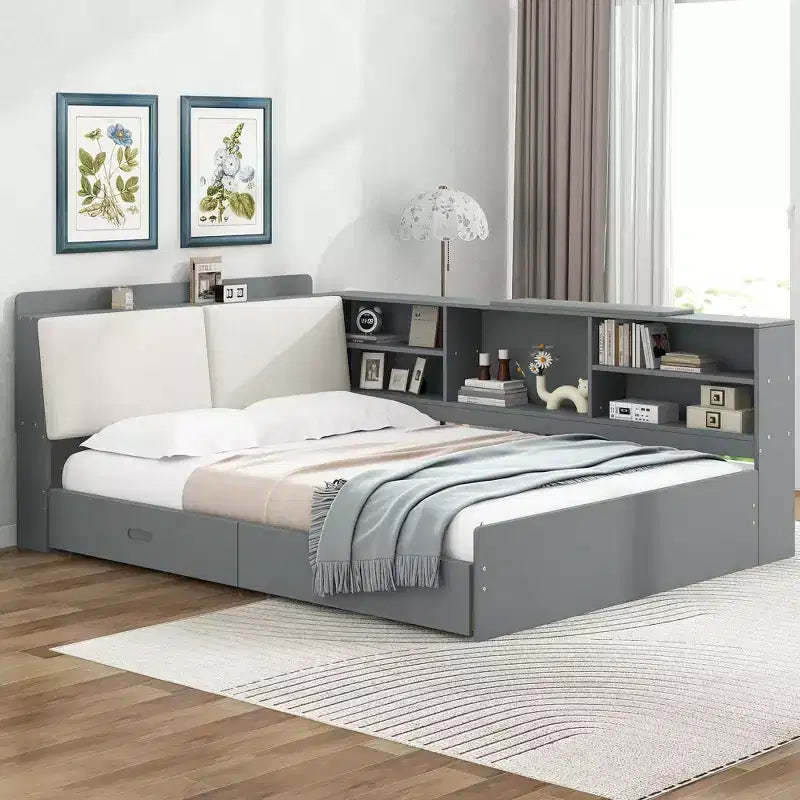 FAMYYT Full Size Platform Bed?With Storage Headboard, Shelves and 2 Drawers, Easy Assembly