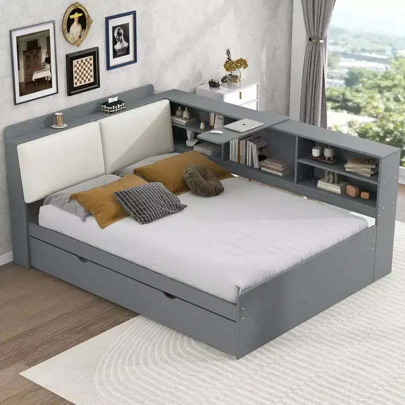 FAMYYT Full Size Platform Bed?With Storage Headboard, Shelves and Trundle, Easy Assembly