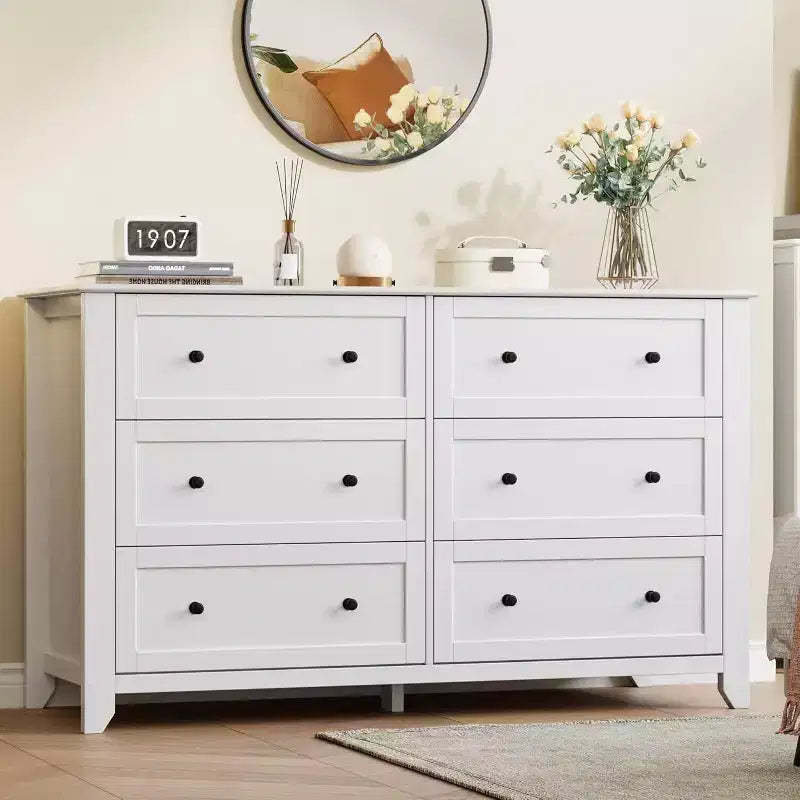 GustoWave Modern 54 Wide Large 6 Drawer Dresser for Bedroom, Entryway, Hallway, White