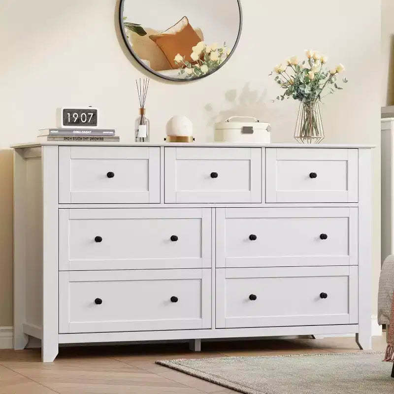 GustoWave Modern 54 Wide Large 7 Drawer Dresser for Bedroom, Entryway, Hallway, White