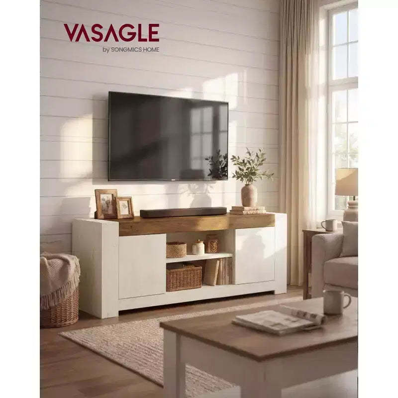 VASAGLE TV Stand, Farmhouse Entertainment Center with Storage Cabinets, Media Console Table for 65 Inch TV, Rustic White and Honey Brown