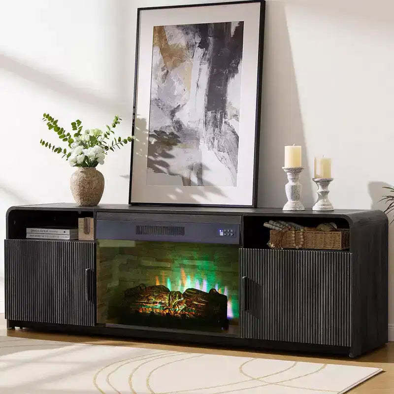 AMERLIFE 70in Fluted Fireplace TV Stand for TVs up to 80in with 30in Electric Fireplace Storage, Black