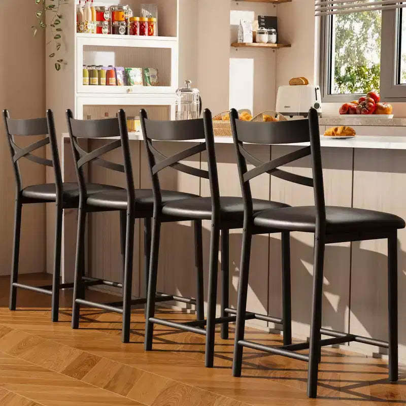 Set of 4 Counter Height Bar Stools 26 Black PU Leather Upholstered Seats, Metal Frame, X-Back Design, Footrest for Kitchen Island, Dining Room