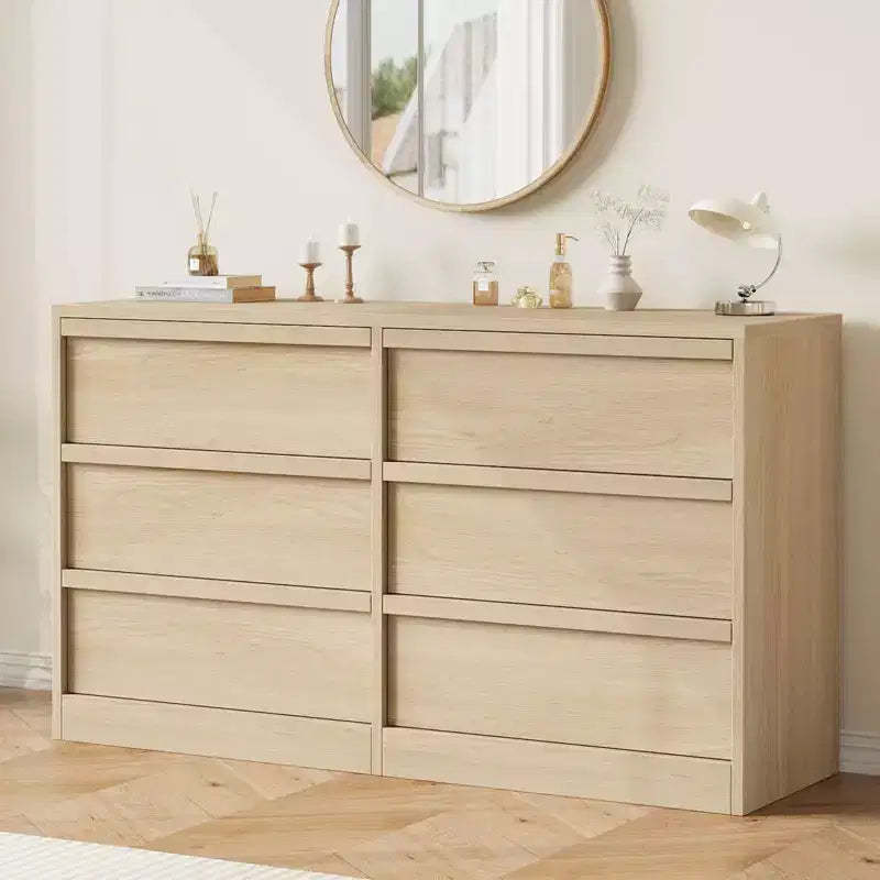 47in Wide Natural Oak 6 Drawer Dresser, Spacious Wooden Chest of Drawers with Large Storage Capacity, for Living Room, Entryway