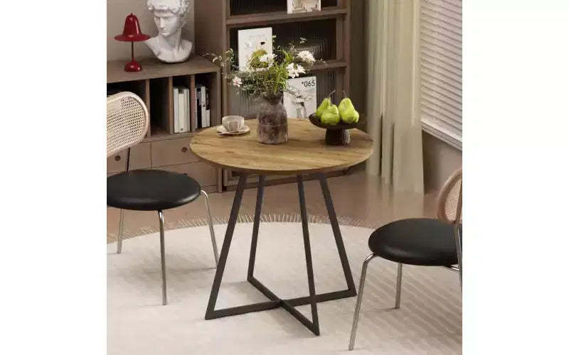 31.5 Round Dining Table, Small Kitchen Table with Black Metal Legs for 2 to 4 People, Brown