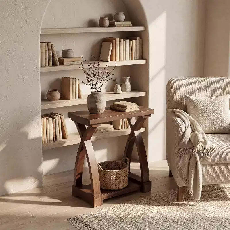 Lantine Solid Wood End Table, Small Side Table with Storage Shelf, 2-Tier Narrow End Table for Living Room, Bedroom, Small Spaces