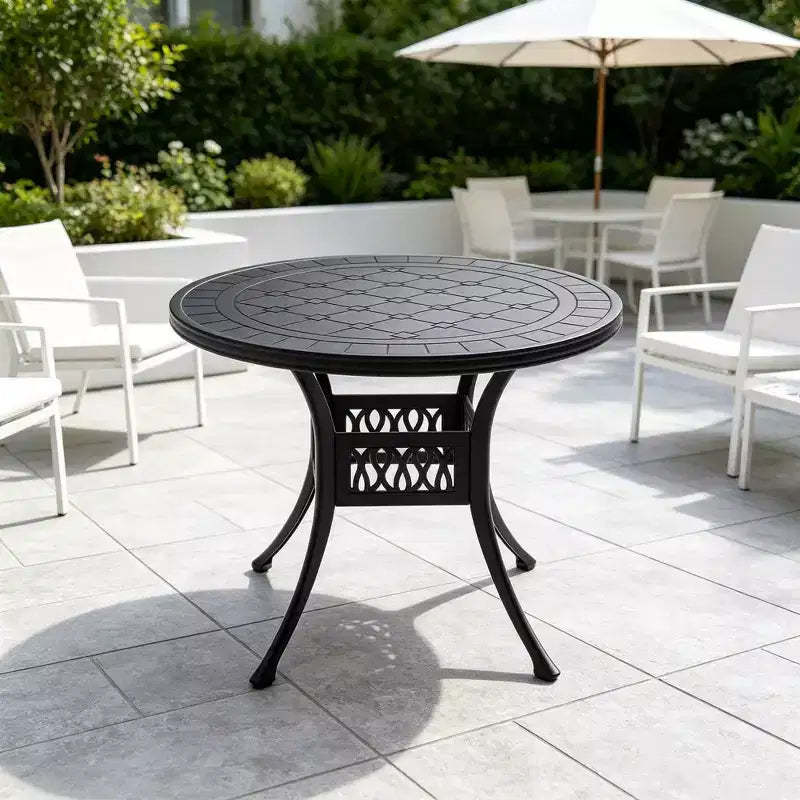 Cast Aluminum Patio Round Dining Table with Black Frame & Carved Tabletop