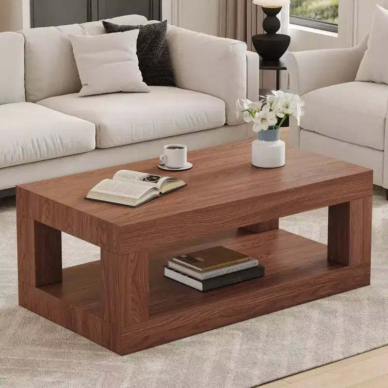 Modern Rectangular 2-Tier MDF Coffee Table, Open Storage Shelf Stable Durable Table for Living Room Furniture