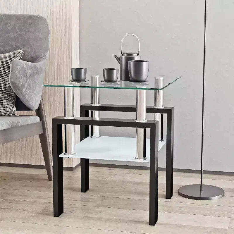 17.72 Transparent Black Tempered Glass Coffee Table, Square 2-Tier End Table with Metal Legs for Living Room Bedroom