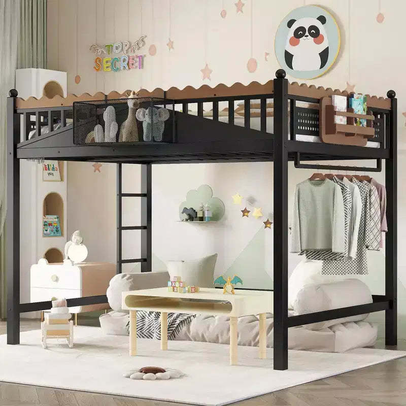ModernLuxe Twin XL/Full/Queen Size Metal Loft Bed with Storage Shelves & Ladder, No Box Spring Needed, Black