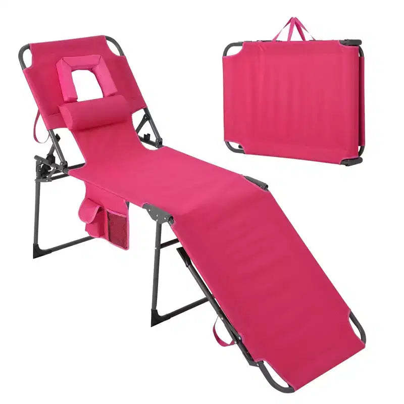 Folding Sun Lounger with Face Hole, Sun Lounger with 5 Adjustable Backrest Adjustable in 5 Positions, Waterproof Beach Lounger for Sunbathing, Beach