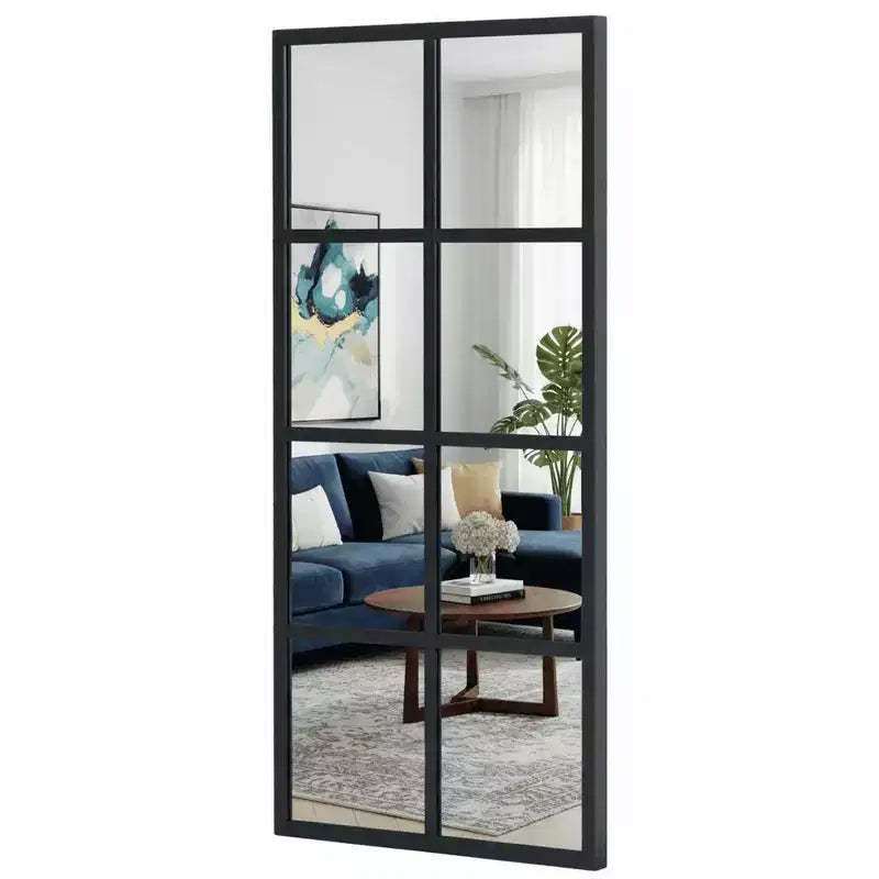 JIONJOY Minimalist Black Metal Framed Wall Mirror, Window-Style Accent Mirror, Shatterproof Entryway Mirror