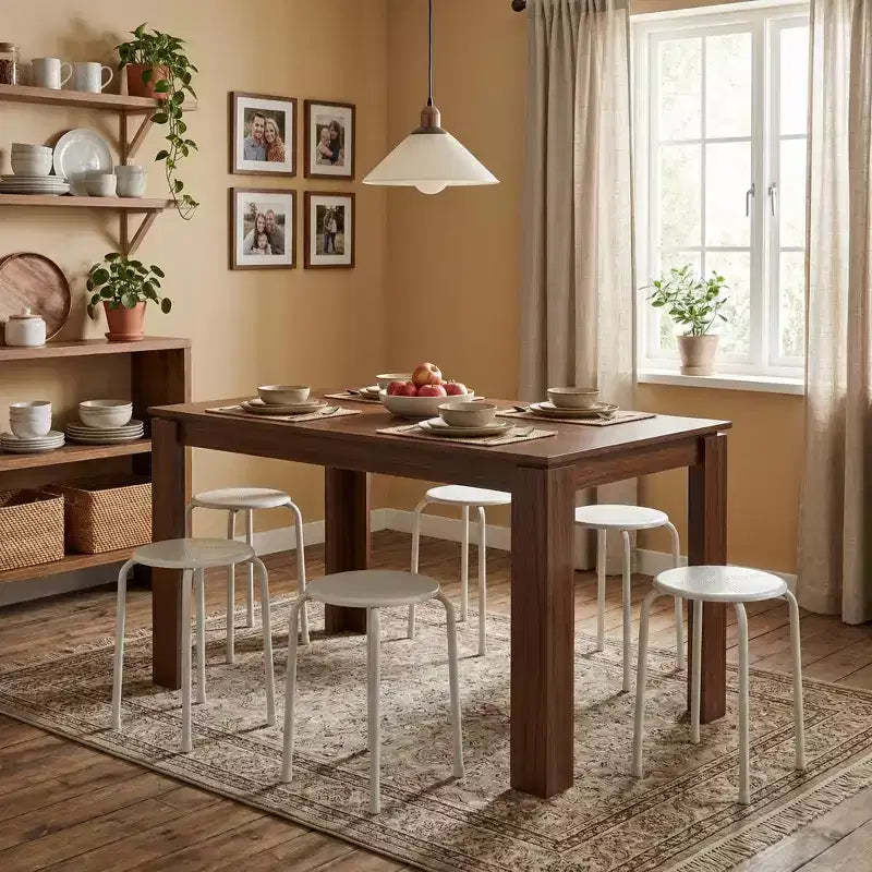 FurnitureR Dining Table Set for 6, Modern Kitchen Table with 6 Metal Stools, Space Saving Dining Set for Dining Room Kitchen Apartment