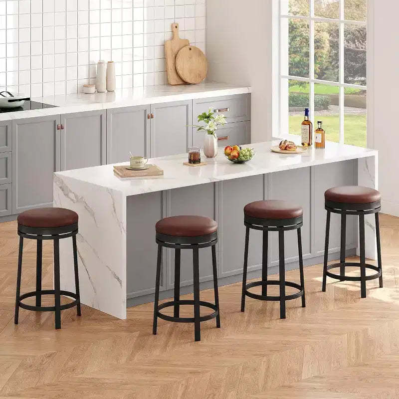 24'' Swivel Bar Stools Set of 4, PU Leather Upholstered, Metal Frame, Backless Round, Counter Height for Kitchen Island/Home Bar