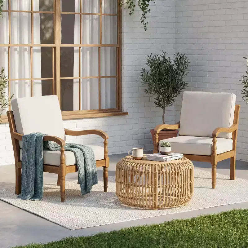 Christopher Knight Home Larry Outdoor Patio Acacia Wood Club Chair with Cushions and Curved Armrests