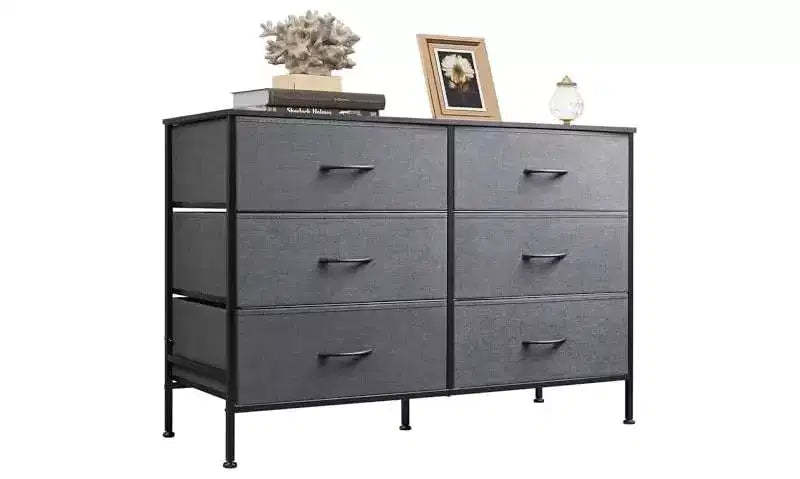 DEXYLLO Dresser for Bedroom with 6 Drawers, Wide Dresser TV Stand for 50 Inches TV, Gray Dresser with Metal Frame, Wooden Top, Dark Gray