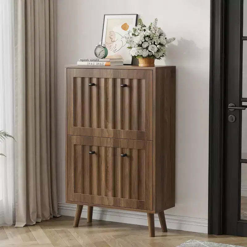 Modern Entryway Shoe Cabinet with Doors, Walnut Shoe Storage Cabinet, Small Shoe Racks for Hallway, Closet & Small Spaces-Panipeachy
