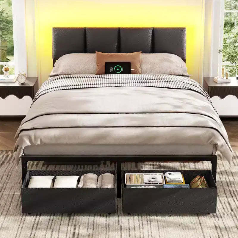 Qwatto Full Size Upholstered Platform Bed Frame LED Lights Charging Station USB Port 2 Storage Drawers No Box Spring Needed Faux Leather Metal Black