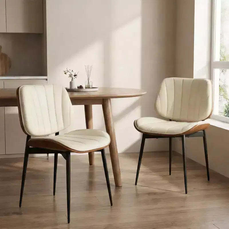 Set of 2 Mid-Century Modern Dining Chairs, PU Leather Upholstered Kitchen Chairs with Walnut Bentwood Back and Metal Legs for Dining Room & Kitchen
