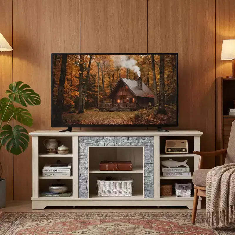 JVNOXK Mantel Stone TV Media Stand with with Faux Stacked Stone Surround, with Open Storage Space,WHITE, 58.31W*15.39D*26.06H