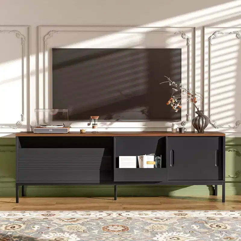 JVNOXK 70.8''TV Stand, suitable for TVs up to 75 inches, featuring sliding doors and adjustable shelves. Mid-century modern media TV stand
