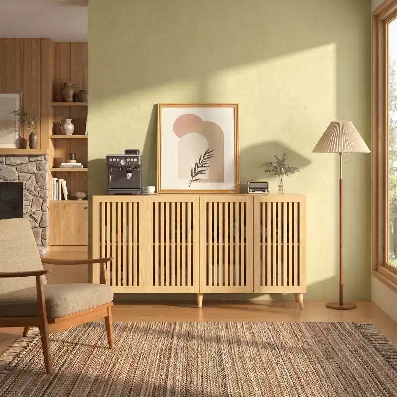 JVNOXK Mid Century Modern Fluted Wood TV Stand for Up to 70 TV, Boho Media Console with Storage, Cable Management & Angled Legs