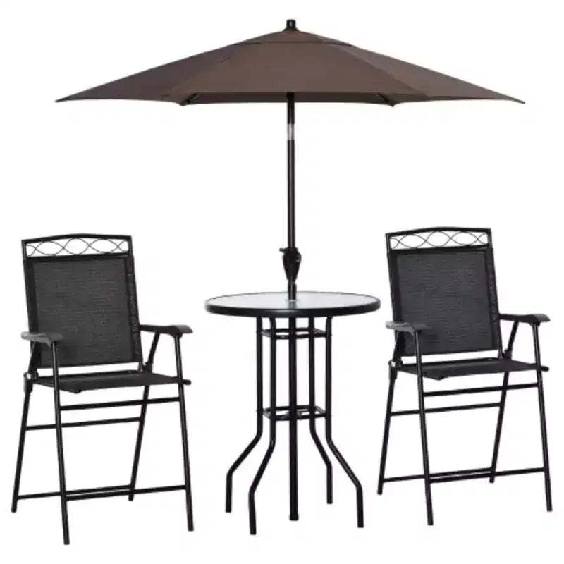 4-Piece Outdoor Patio Dining Set with Wave-Textured Tempered Glass Table, 2 Folding Chairs & Adjustable Angle Umbrella for Patio Garden - Black