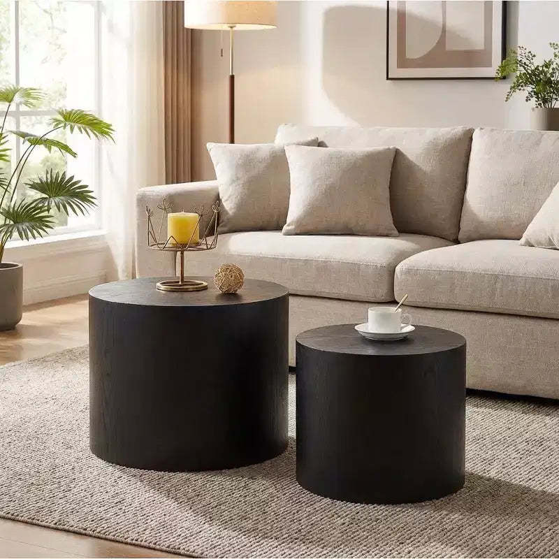 Nesting Coffee Table Set of 2, Round Wooden Modern Design, Space-Saving Accent End Side Tables for Small Living Room, Bedroom Office - Black