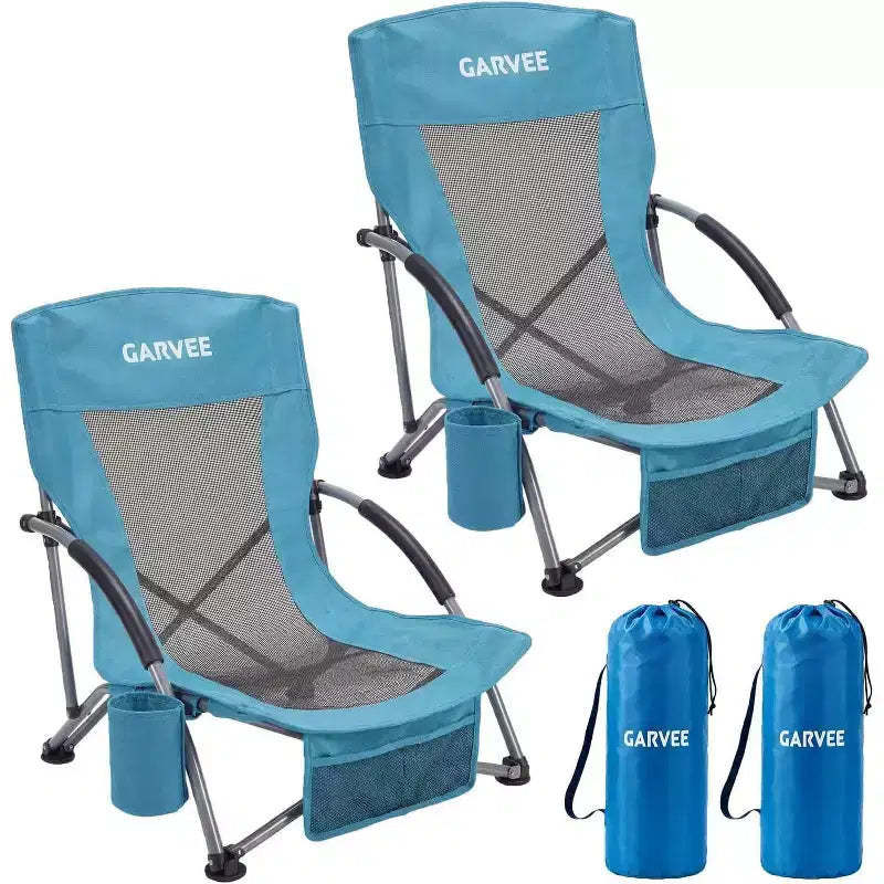 2 Pack Lightweight Foldable Low Beach Chair for Adults with Side Pocket & Cup Holder, Portable Outdoor Camping Chair, Storage Pocket & Carry Bag