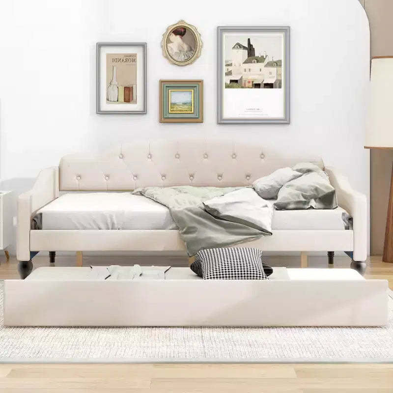 FAMYYT Full Size Upholstered Tufted Daybed with Twin Size Trundle, Easy Assembly