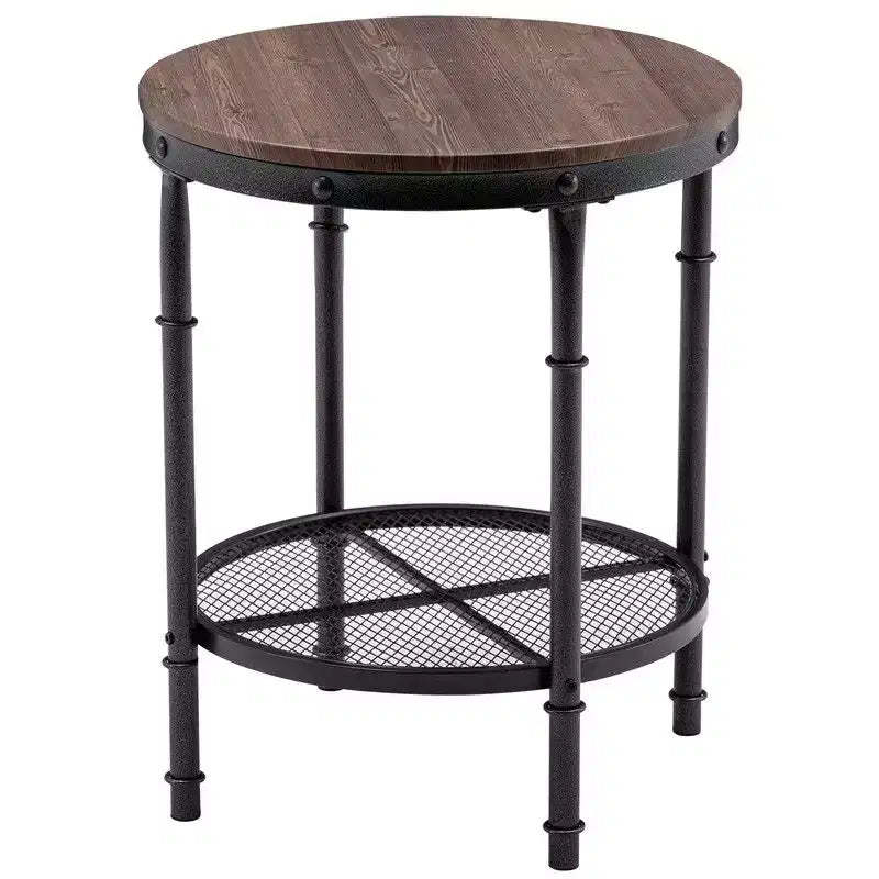 Double Layer Triamine Plate Iron Side Table Round Three-Dimensional Wood Grain Brown Background With Black Pattern