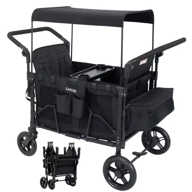 4 Seater Wagon Stroller - Premium All-Terrain Wagon for Kids with Snack Tray, Removable Canopy, Adjustable Push/Pull Handle & Fold, Black