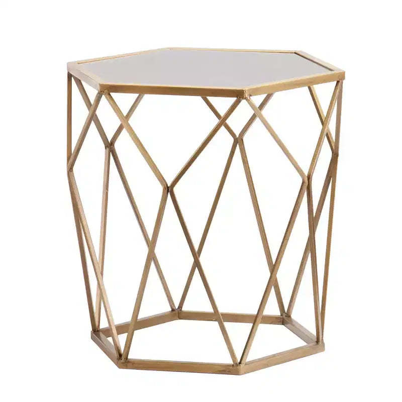 HomeRoots 19 Gold And Reflective Glass Hexagon Mirrored End Table