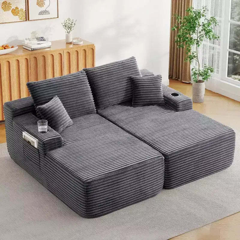 MooxvMoo Double Sectional Sofa, Chaise Lounge Couch Indoor with Deep Seat & Throw Pillow, No Assembly Required, Gray