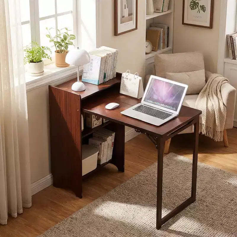 JVNOXK Bamboo Folding Desk with Hidden Storage, Mid Century Space-Saving Computer Table for Home Office Bedroom, Walnut Brown