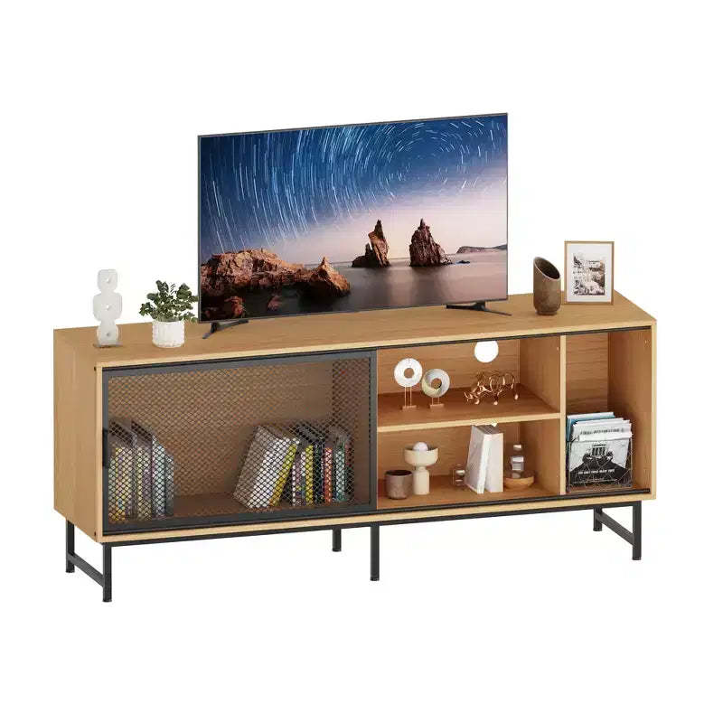 Modern Industrial TV Stand for 65 Inch TV - 63 Wood and Metal Entertainment Center with Sliding Mesh Doors & Sturdy Metal Legs