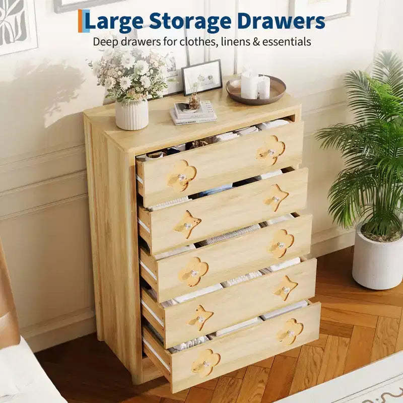 Boho Rattan Fluted Dresser, 5 Drawer Tall Wooden Storage Cabinet for Bedroom, Closet, Nursery, Living Room, Natural Finish