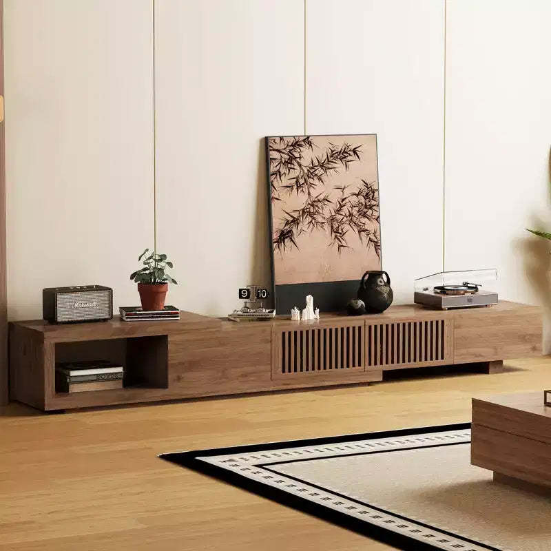 Luck Live 78.54in expandable TV stand with 2 drawers, 2 cabinet doors, one open storage, maximum 120 inches/Walnut color