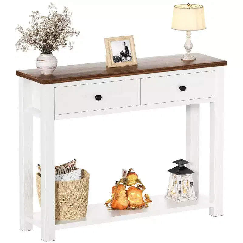 Besiost 2-Tier Farmhouse Console Table with Drawers, Narrow Sofa Table for Entryway, Living Room, or Hallway - White