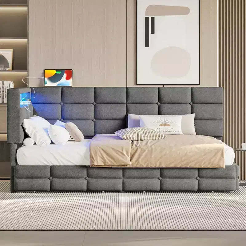 FAMYYT Twin Size Upholstered Daybed With 2 Drawers, Charging Station, LED Lights and Storage Headboard, Easy Assembly