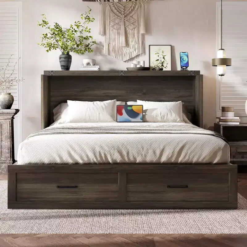 FAMYYT Queen Size Foldable Platform Bed With Charging Station, Storage Drawer, Easy Assembly