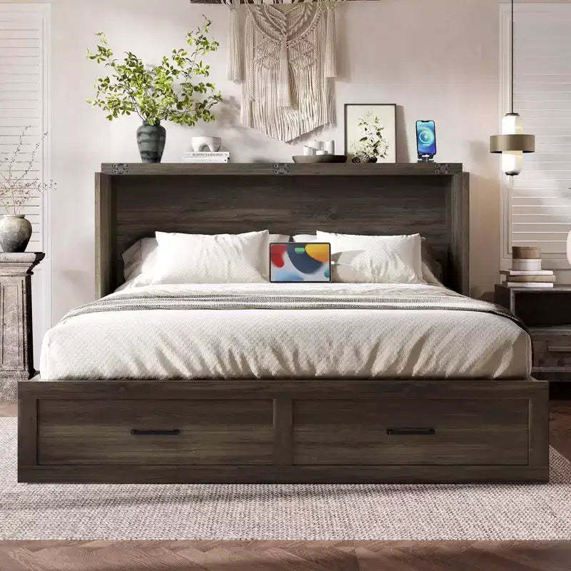 FAMYYT Queen Size Foldable Platform Bed With Charging Station, Storage Drawer, Easy Assembly
