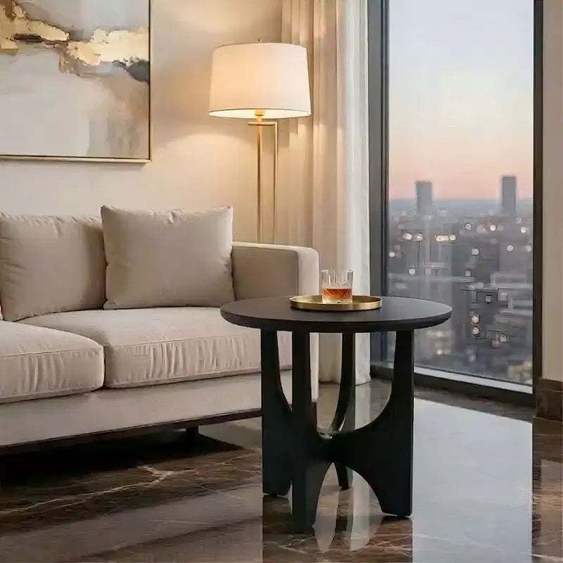 Sara Round Side End Table, 20 Inch Solid Mango Wood Top in Matte Black with Curved legs