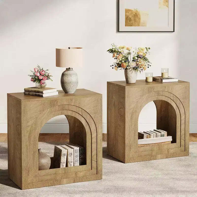 Lantine Square End Table, 2-Tier Farmhouse Side Table with Arched Open Shelf for Small Spaces, Living Room