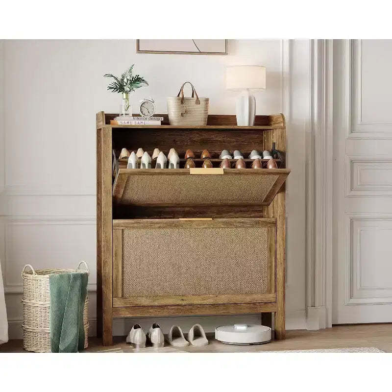 GustoWave 32 Narrow Rattan Shoe Storage Cabinet with 2 Flip-Down Drawers, Brown